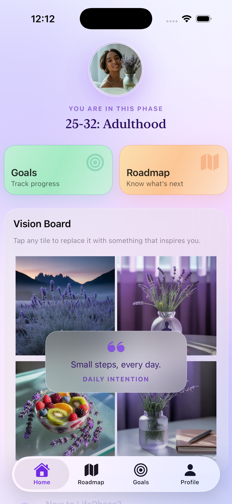 LifePhase app home screen with vision board